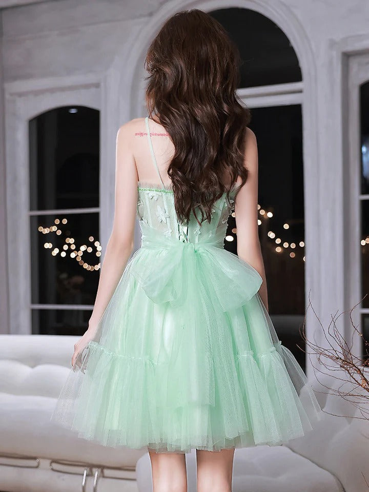 Green sweetheart neck tulle lace short prom dress, green homecoming dress,BD22222