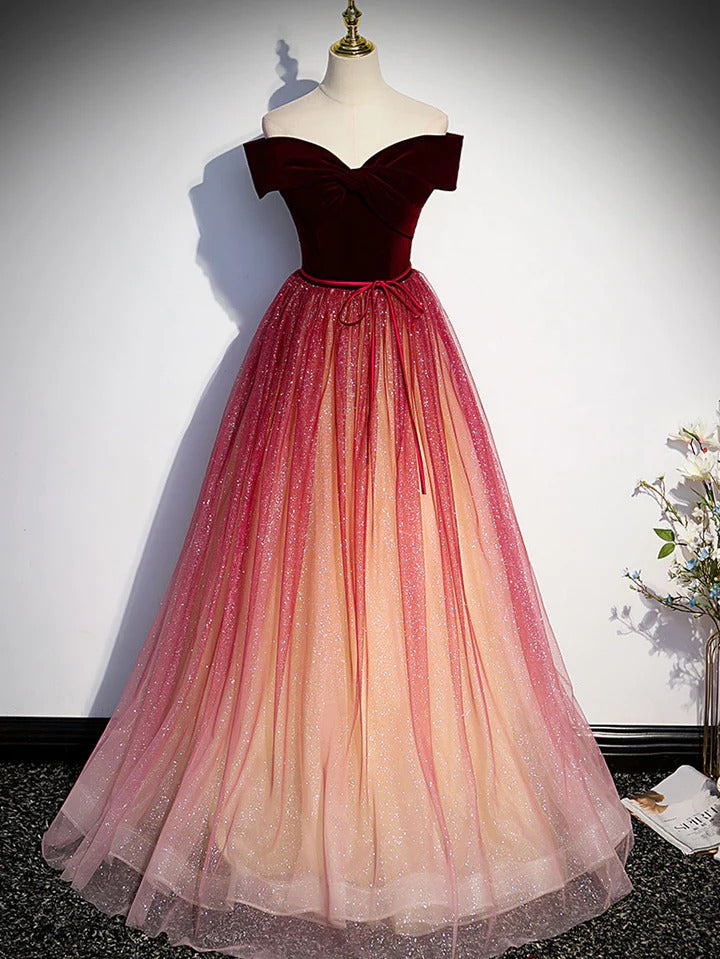 Burgundy A line tulle long prom dress burgundy formal dress,BD22210