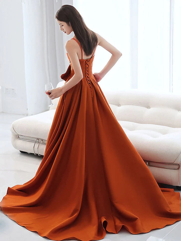 Simple A line satin orange long prom dress, orange evening dress,BD22247