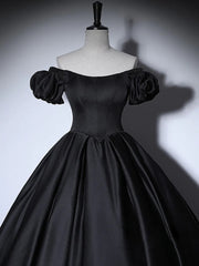 Black satin puff sleeves long prom dress black evening dress,BD22211