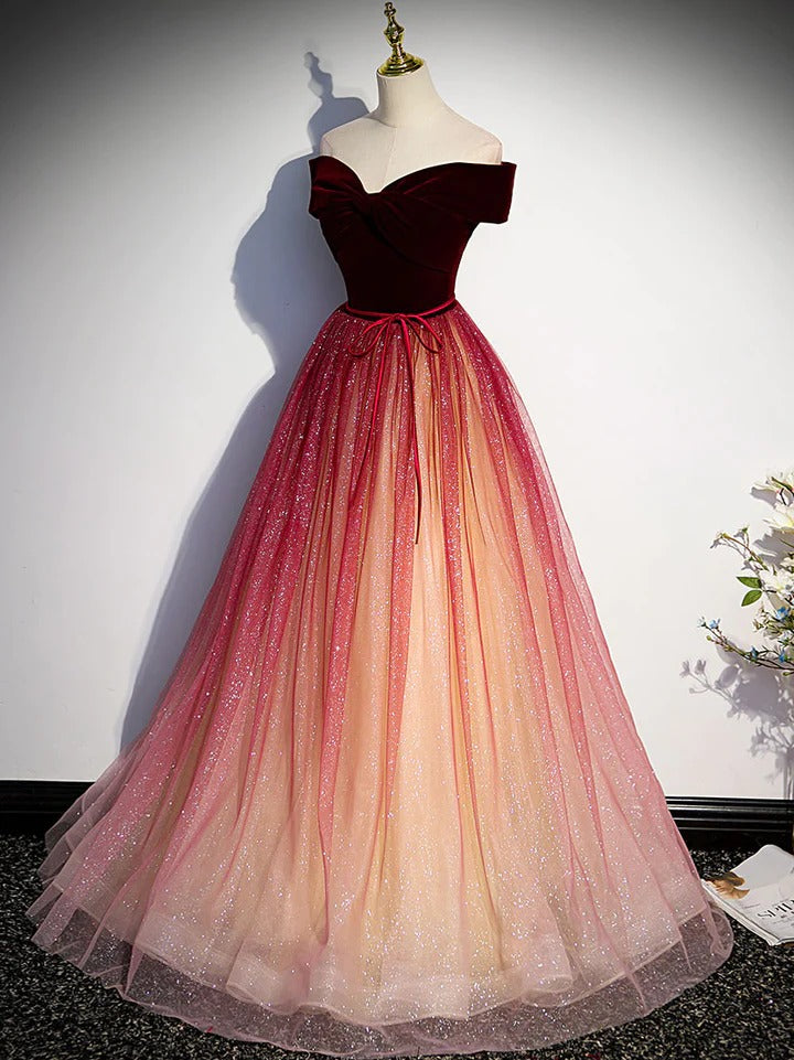 Burgundy A line tulle long prom dress burgundy formal dress,BD22210