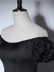 Black satin puff sleeves long prom dress black evening dress,BD22211