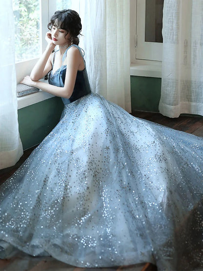 Blue A line tulle sequin long prom dress blue tulle formal evening dress,BD22249