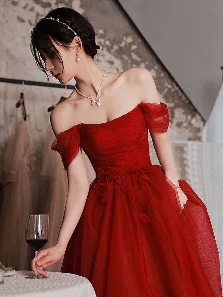 A line burgundy long prom dress off shoulder tulle long party dress,BD22251