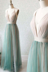 Simple Green Tulle V Neck Long Open Back Prom Dress, BH91214