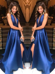 Royal Blue V-neck Long A line Simple Prom Dress,BP09