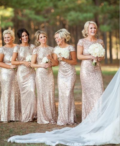 Gold Sequin bridesmaid dress,long bridesmaid dress,Short Sleeves bridesmaid dress,Open Back bridesmaid dress,BD005