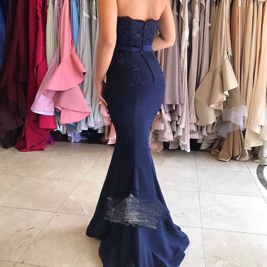 Navy Blue Prom Dresses,Off-shoulder Prom Dress,Mermaid Prom Dress,High Quality Prom Dress,PD0060