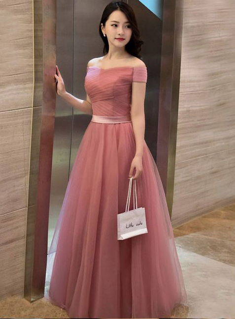 Little Cute | Elegant pink A line off shoulder tulle long prom dress, evening dress | Online Store Powered by Storenvy,PD45793