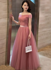 Little Cute | Elegant pink A line off shoulder tulle long prom dress, evening dress | Online Store Powered by Storenvy,PD45793