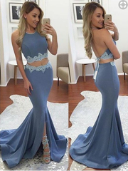 Sexy Two Pieces Mermaid Evening Prom Dresses, Long Backless Blue Party Prom Dress, Custom Long Prom Dresses,PD45561