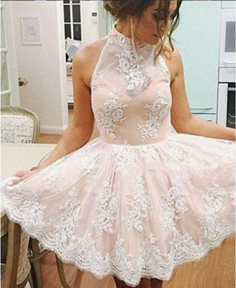 High Neck Light Pink Lace Back O Short Prom Dresses Party Homecoming Dress,PD455828