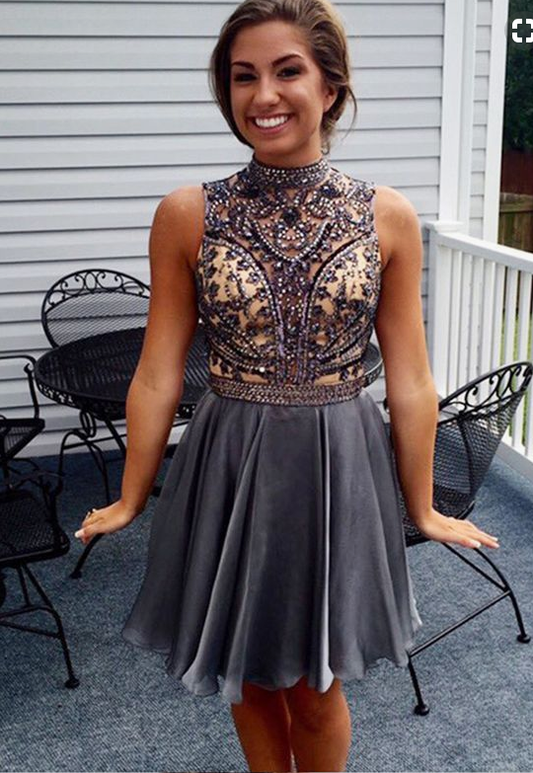 short homecoming dresses,beaded homecoming dresses,open back homecoming dresses,grey homecoming dresses,PD455835