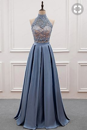 Two Pieces Prom Dresses,Lace Prom Dress,High Neck Prom Dresses,Blue Prom Dresses,PD455843