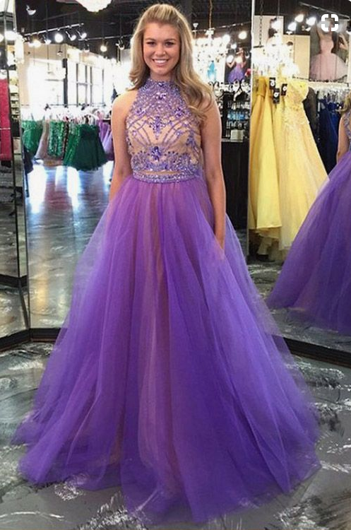 Two Piece Prom Dresses, Princess Prom Gowns, Long Formal Dresses, Beading Evening Dresses, High Neck Girls Party Dresses,BD455859