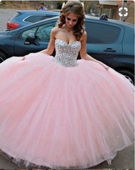 Modest Ball Gown Sweetheart Long Tulle Beading Quinceanera Dress Pink Sweet 15 Dresses 16 Gowns, PD4558895