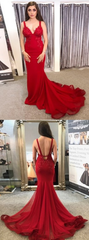 red long mermaid prom dress open back formal evening dress, PD4544