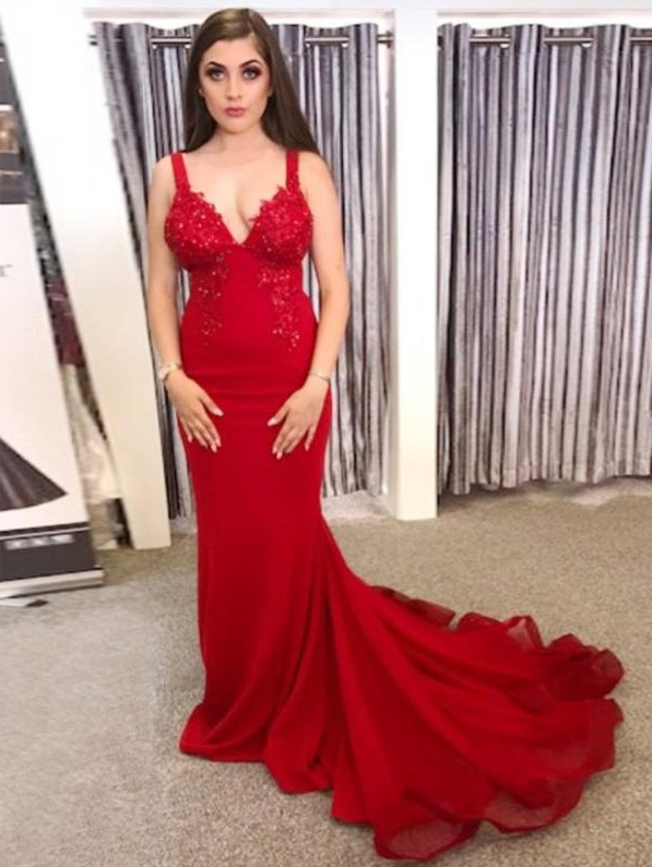 red long mermaid prom dress open back formal evening dress, PD4544