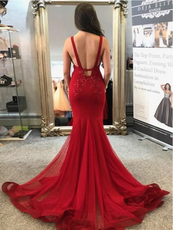 red long mermaid prom dress open back formal evening dress, PD4544