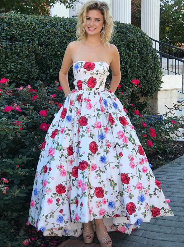 flower tea length A-line prom dress cheap strapless ball gown, PD4543