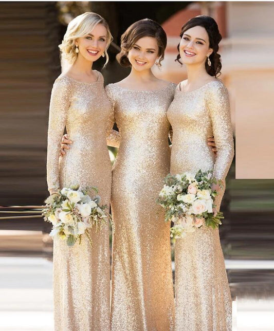 Champagne Bridesmaid Dresses,Sequin Bridesmaid Dress,Long Sleeves Bridesmaid Dress,Charming Bridesmaid Dress,PD2