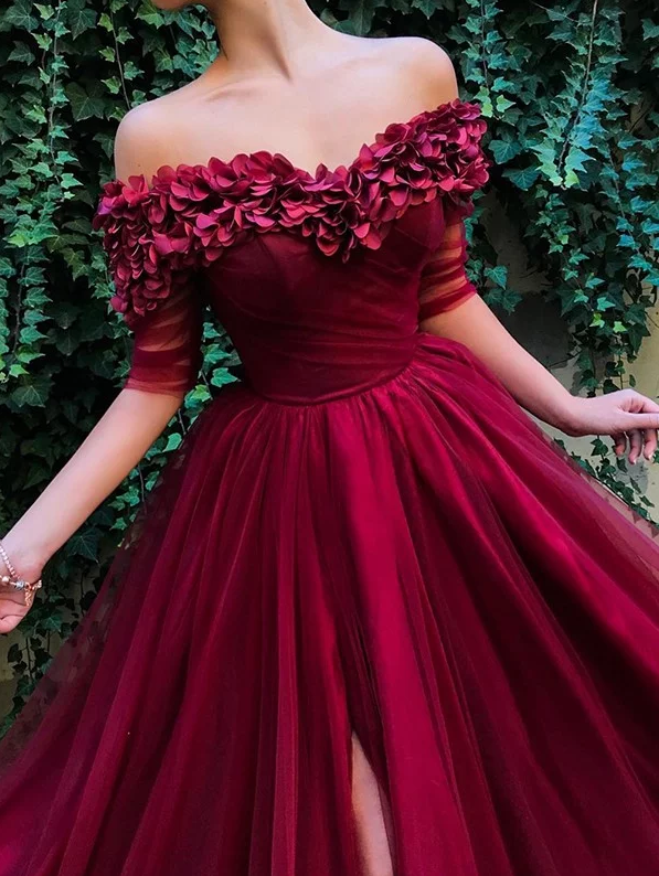 Charming Off Shoulder Burgundy Long Prom Dress With Side Slit,BP03