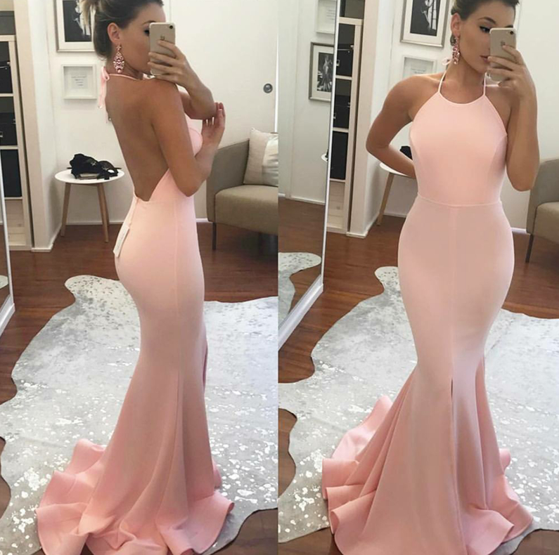 halter pink mermaid backless formal long prom dresses,HO100