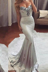 Simple Sweetheart Sleeveless Strapless Mermaid Gray Prom Dresses with Beading BD22070