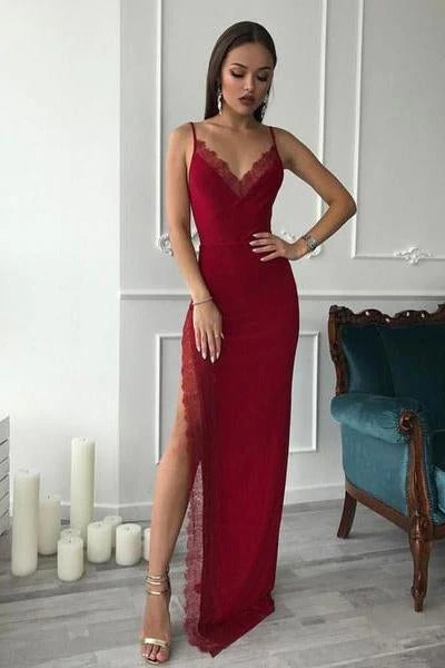 Burgundy Spaghetti Straps Side High Slit V Neck Satin Mermaid Long Prom Dresses,BD22007