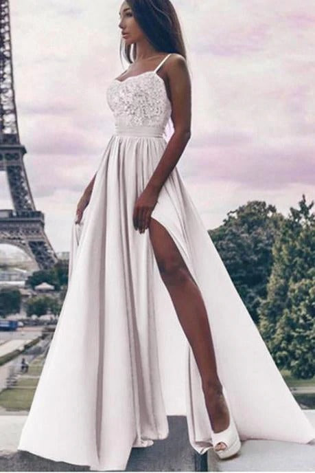 A Line Spaghetti Straps High Slit Sweetheart Chiffon Lace Appliques Prom Dresses,BD22014