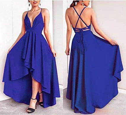 Sexy V Neck Asymmetrical Blue High Low Criss Cross Prom Dresses Evening Dresses,BD22015