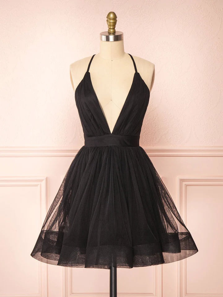 Aline v neck tulle short black prom dress, formal black evening dress,BD22204