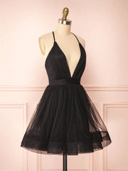 Aline v neck tulle short black prom dress, formal black evening dress,BD22204