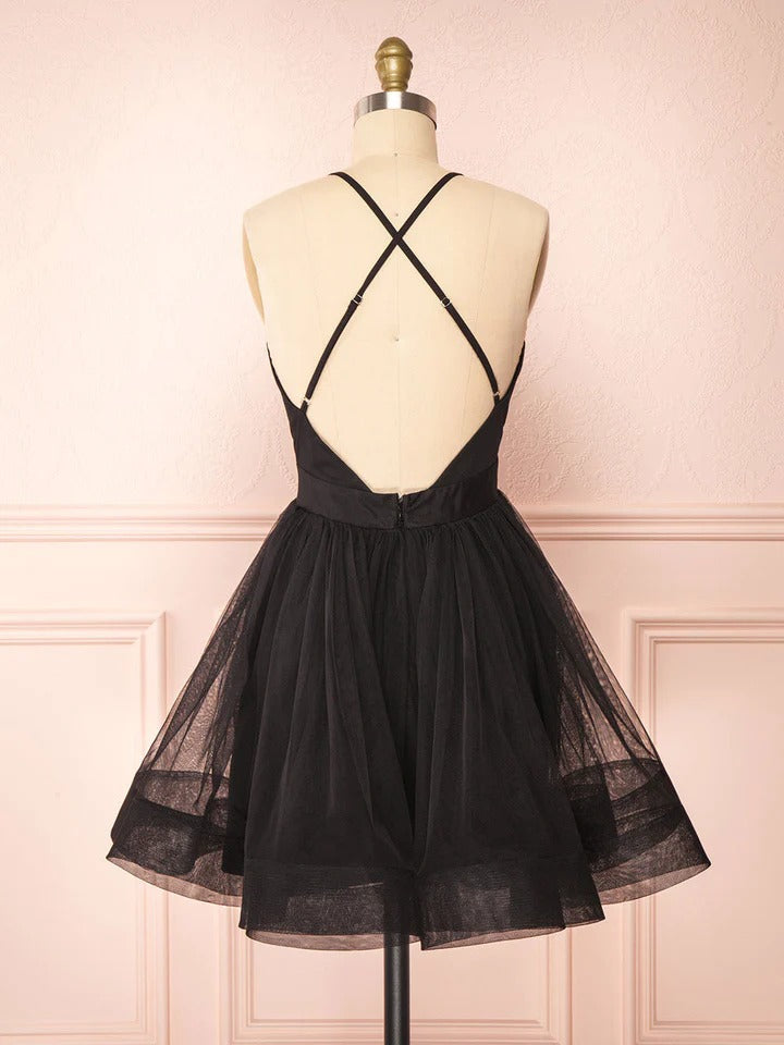 Aline v neck tulle short black prom dress, formal black evening dress,BD22204