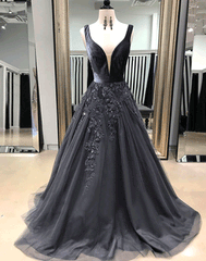 Black v neck tulle lace long prom dress, black evening dress