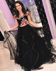 Black two pieces tulle long prom dress, black evening dresses,PD790008