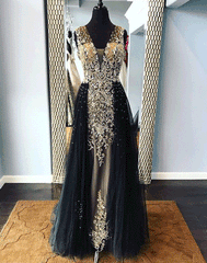 Black v neck tulle long prom dress, black evening dresses,PD790014