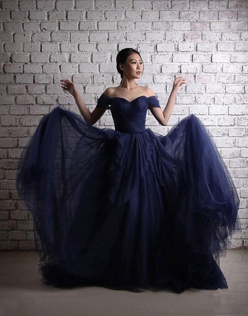 Dark blue tulle long prom dress, off shoulder evening dress BD98005