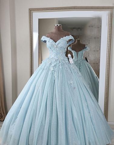 Blue v neck lace long prom dress, off shoulder evening dress