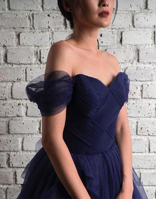 Dark blue tulle long prom dress, off shoulder evening dress BD98005