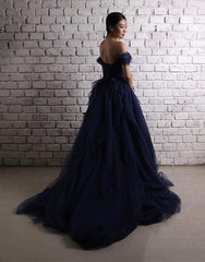 Dark blue tulle long prom dress, off shoulder evening dress BD98005