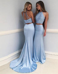 Light blue two pieces long prom dresses, formal dresses,BD1113