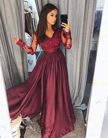 Burgundy lace long prom dress, long sleeve prom dress, bridesmaid dresses,BD1104