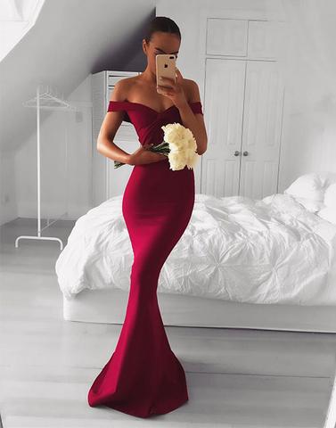 Burgundy v neck long prom dresses, mermaid evening dresses,BD1116