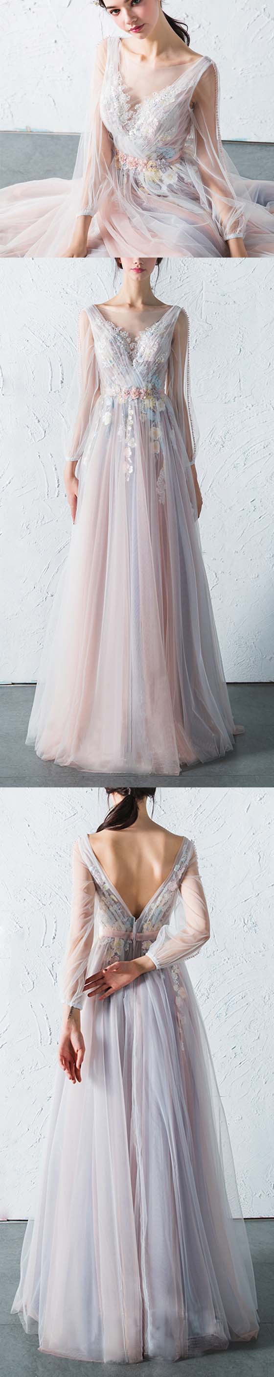 Affordable Long Sleeves Charming Unique V Back Long Prom Dresses,BD11786