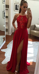 Unique Prom Gown,A-Line Halter Prom Dress,Sexy Split-Front Evening Dress,Red Chiffon Prom Dresses,BD42103