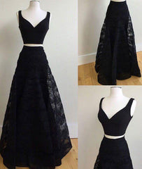 black prom dress, long prom dress, two-pieces prom dress, lace prom dresses,BD1446