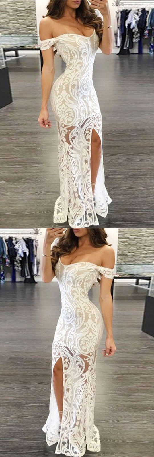 White Prom Dress - Sheath Off-the-Shoulder Long Lace with Split,BD49512