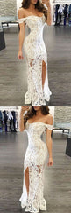 White Prom Dress - Sheath Off-the-Shoulder Long Lace with Split,BD49512