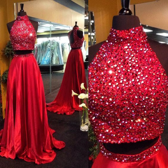 red prom dress,long prom dress,two pieces prom dress,beaded prom dress,high neck evening gown,BD2621